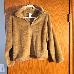 Tan, cropped, oversized fuzzy 3/4 zip sweatshirt,  size medium from H&M